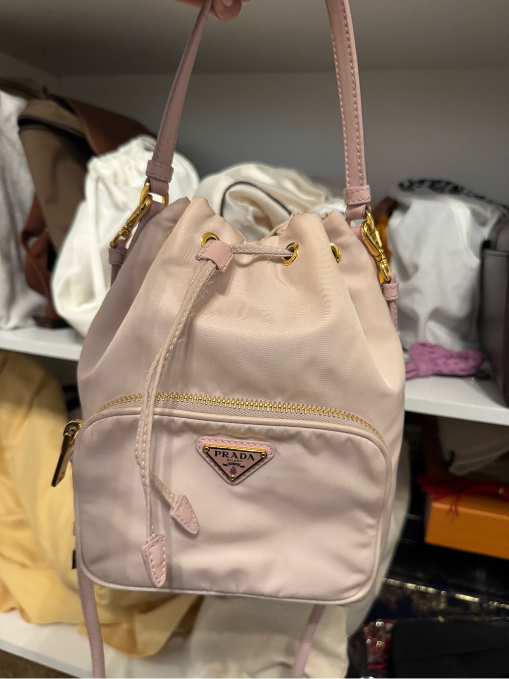 Prada Blush Pink Nylon Drawstring Mini Bucket Bag with Gold Hardware